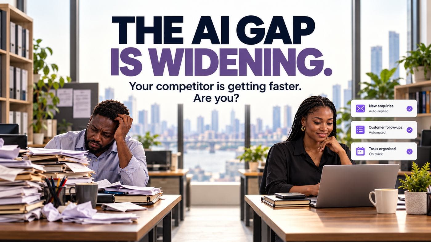 Business owner looking at a widening gap between manual and AI automated operations